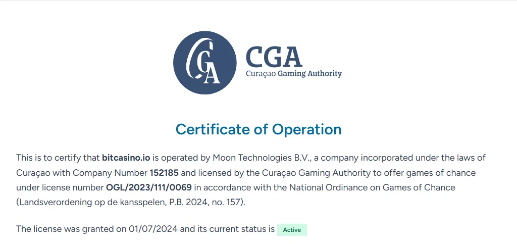Certificado de operación de bitcasino.io en el portal de la Curaçao Gaming Authority: Moon Technologies B.V., licencia OGL/2023/111/0069, estado Active