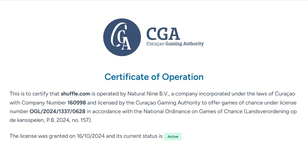 Certificado de operación de shuffle.com en el portal de la Curaçao Gaming Authority: Natural Nine B.V., licencia OGL/2024/1337/0628, estado Active