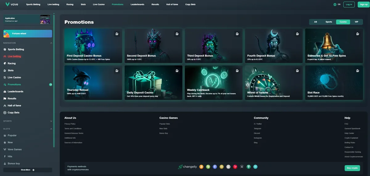 Página de promociones de Vave, sección Casino: bono del primer depósito de 150 % hasta 1,5 BTC más 100 giros gratis y bonos del segundo al cuarto depósito